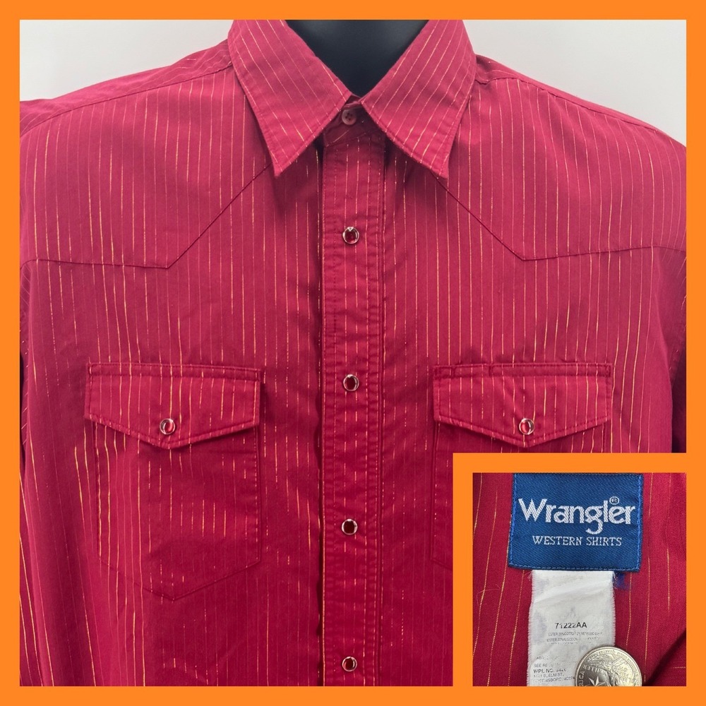 Wrangler Western Shirt Mens XL Red Gold Metallic Pinstripe Pearl Snap 71222AA